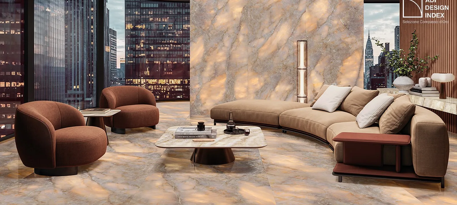 Interior featuring Tele di Marmo Lumia surfaces by Emilgroup